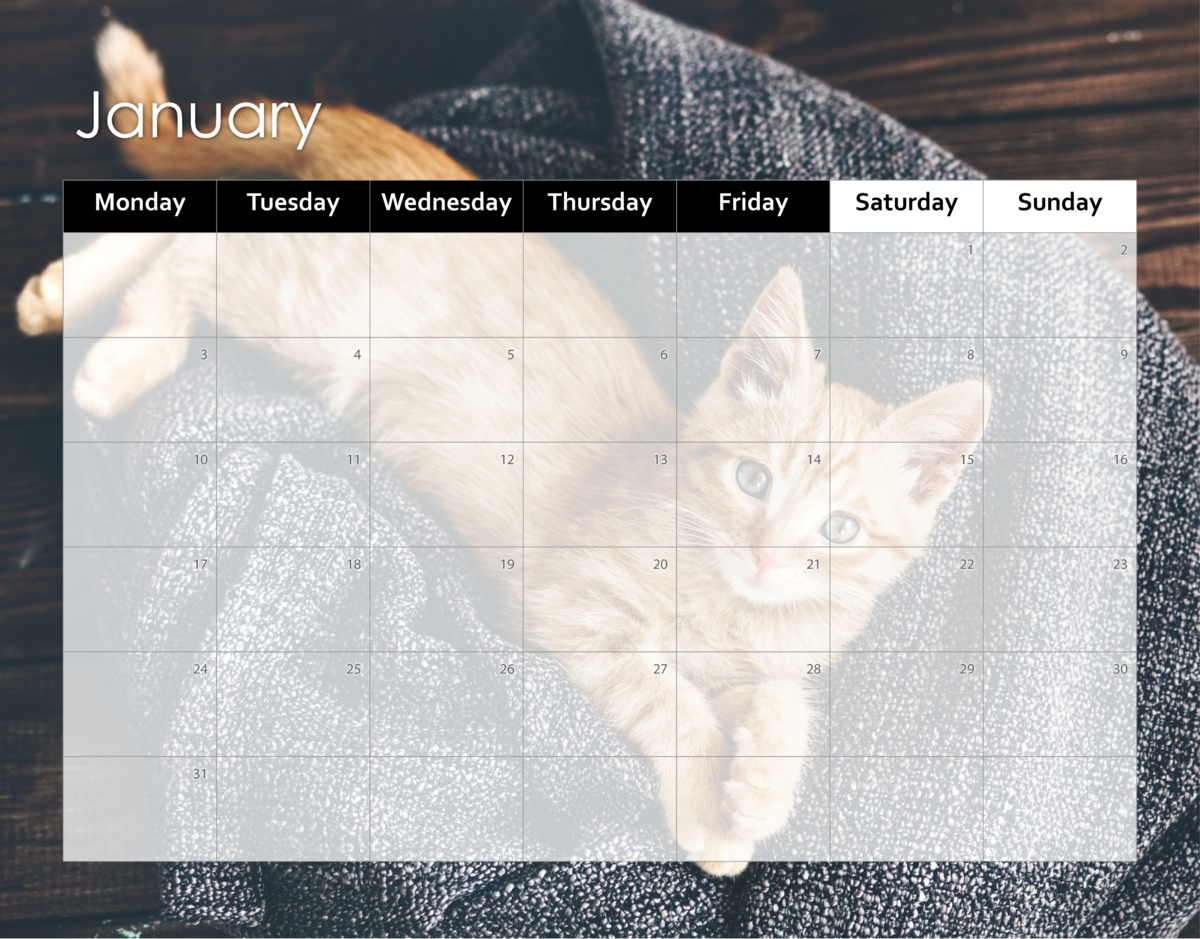 Sheer Calendar - Monday Start Template